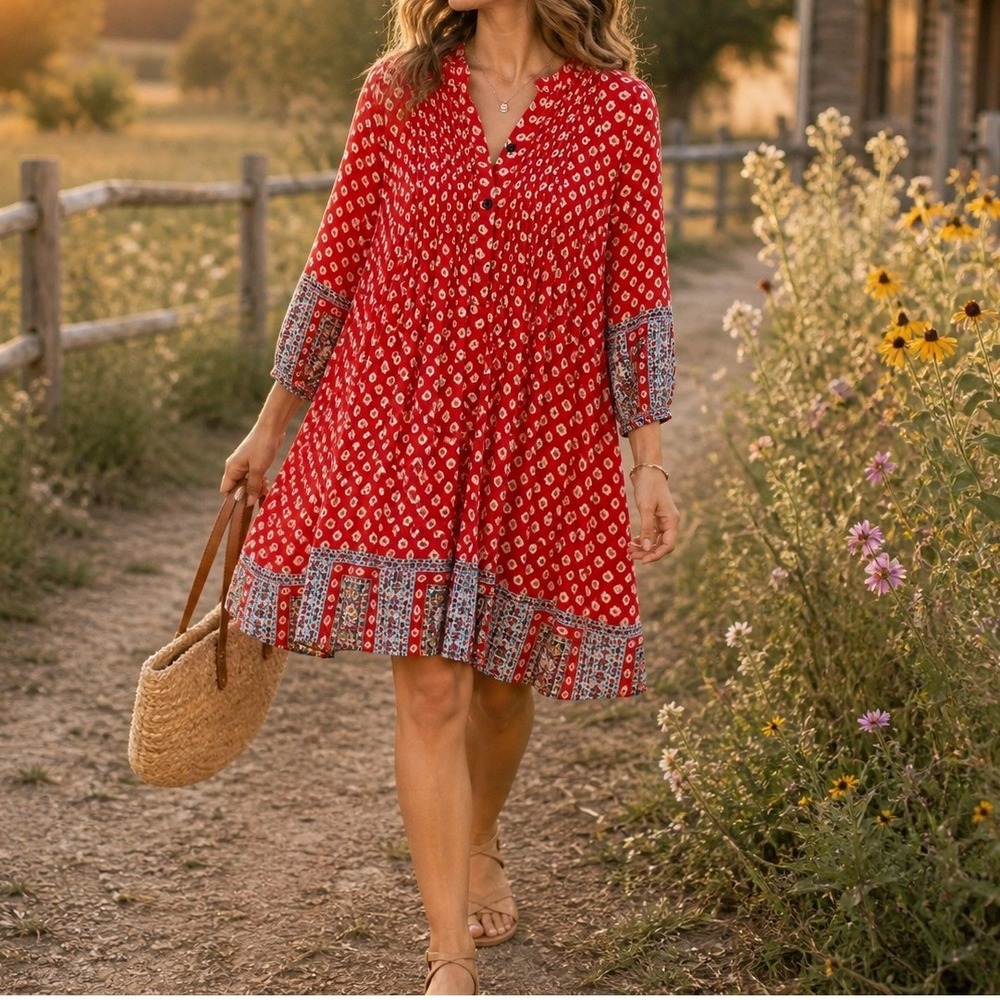 Reborn Womens Red Paisley Floral Pintuck Pleated V-Neck Tunic Dress Size M